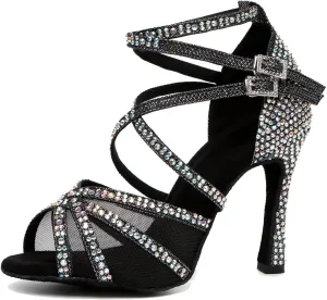 Womens Professional Dancing Shoes with Rhinestones Mesh Elegant Wedding Formal Sandals