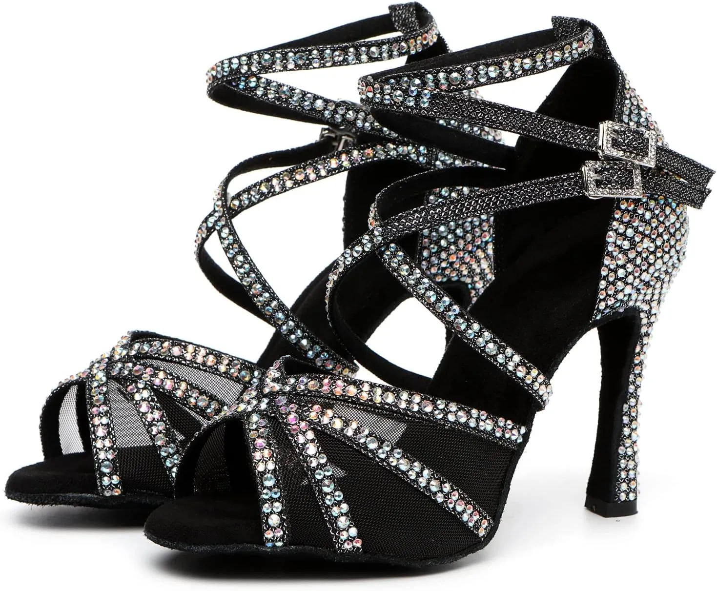 Womens Professional Dancing Shoes with Rhinestones Mesh Elegant Wedding Formal Sandals