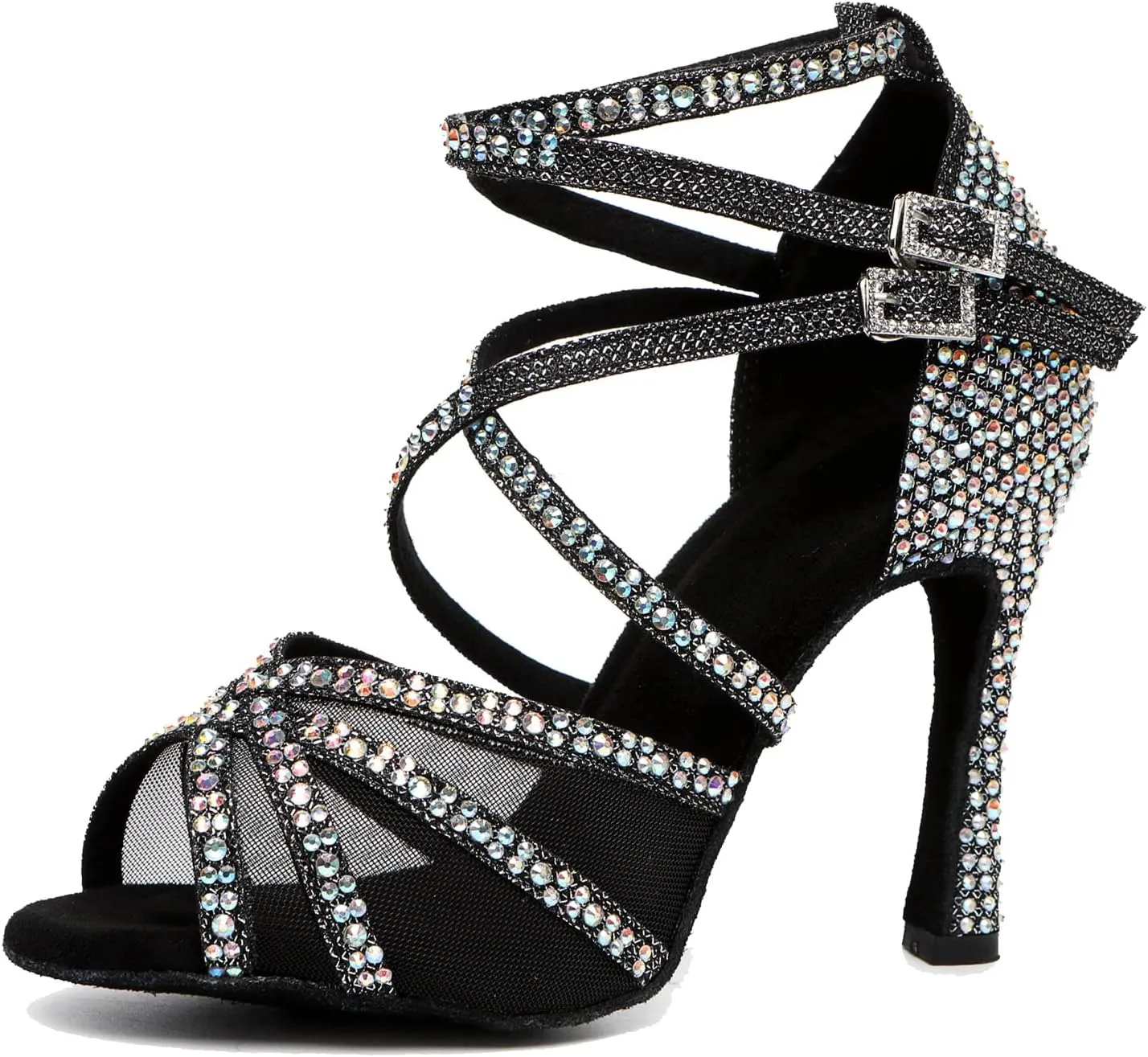 Womens Professional Dancing Shoes with Rhinestones Mesh Elegant Wedding Formal Sandals