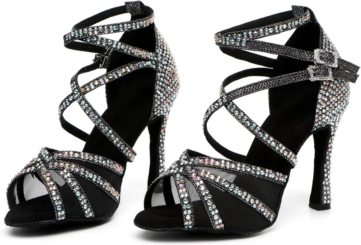 Womens Professional Dancing Shoes with Rhinestones Mesh Elegant Wedding Formal Sandals