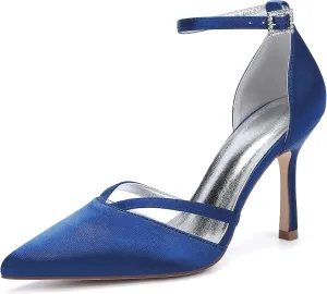 Womens Pumps for Bride Shoes Closed Toe Stiletto High Heels Wedding Pointed Toe Shoes Ankle Strap Satin Breathable Pointy Toe Sandals
