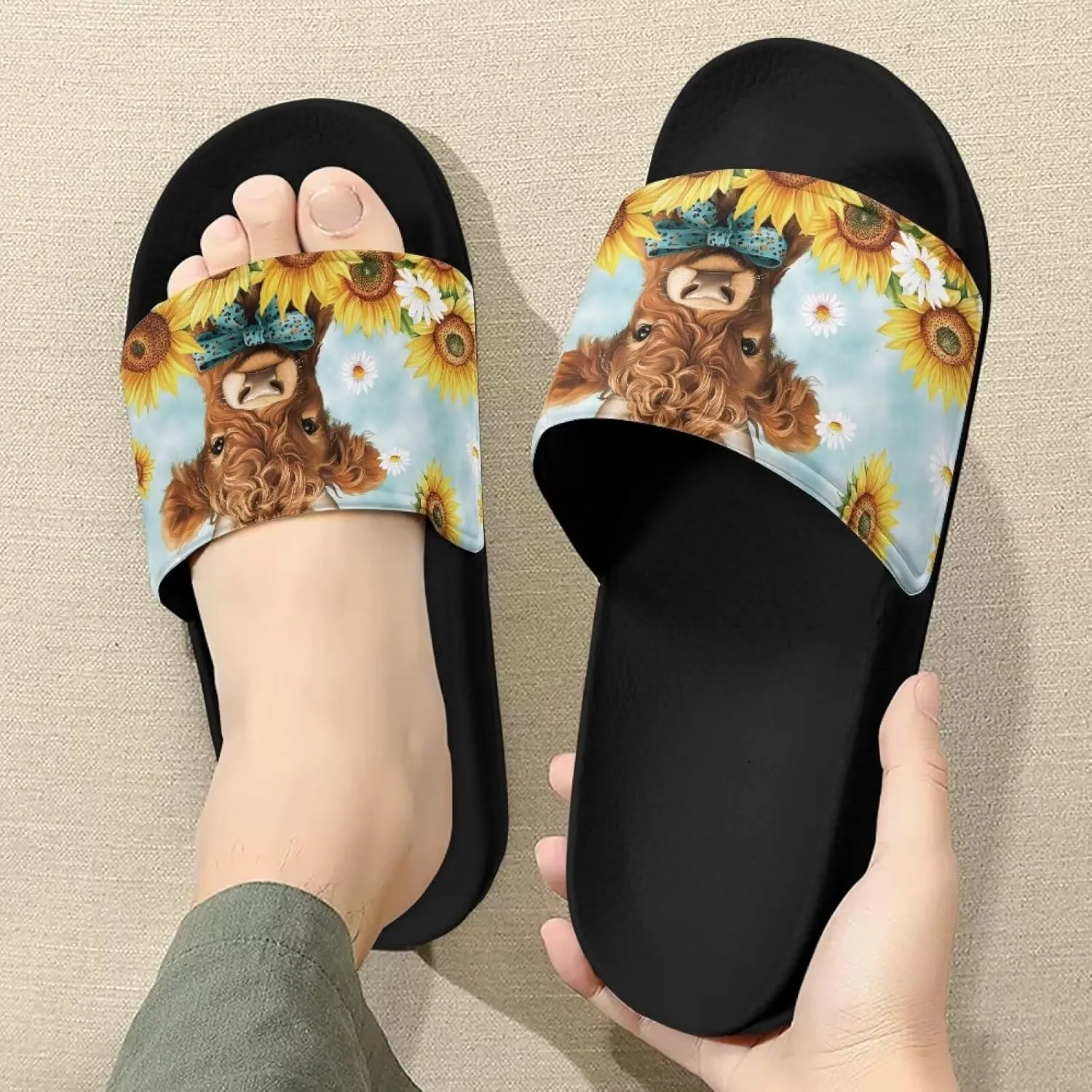 Women's Slide Sandals Soft-Soled Non-Slip Open-Toed Slippers Beach Shoes Wide Design Water-Friendly Black Size 6-13.5