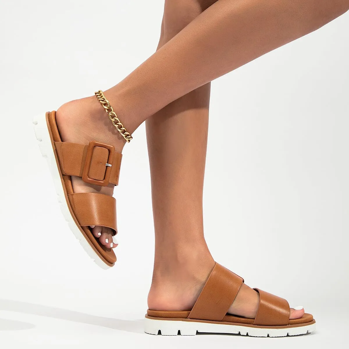 Women's Slide Wide Width Flat Sandals Arch Support Slip On Two Strap Sandals Summer Comfortable Beach Walking Dressy Shoes