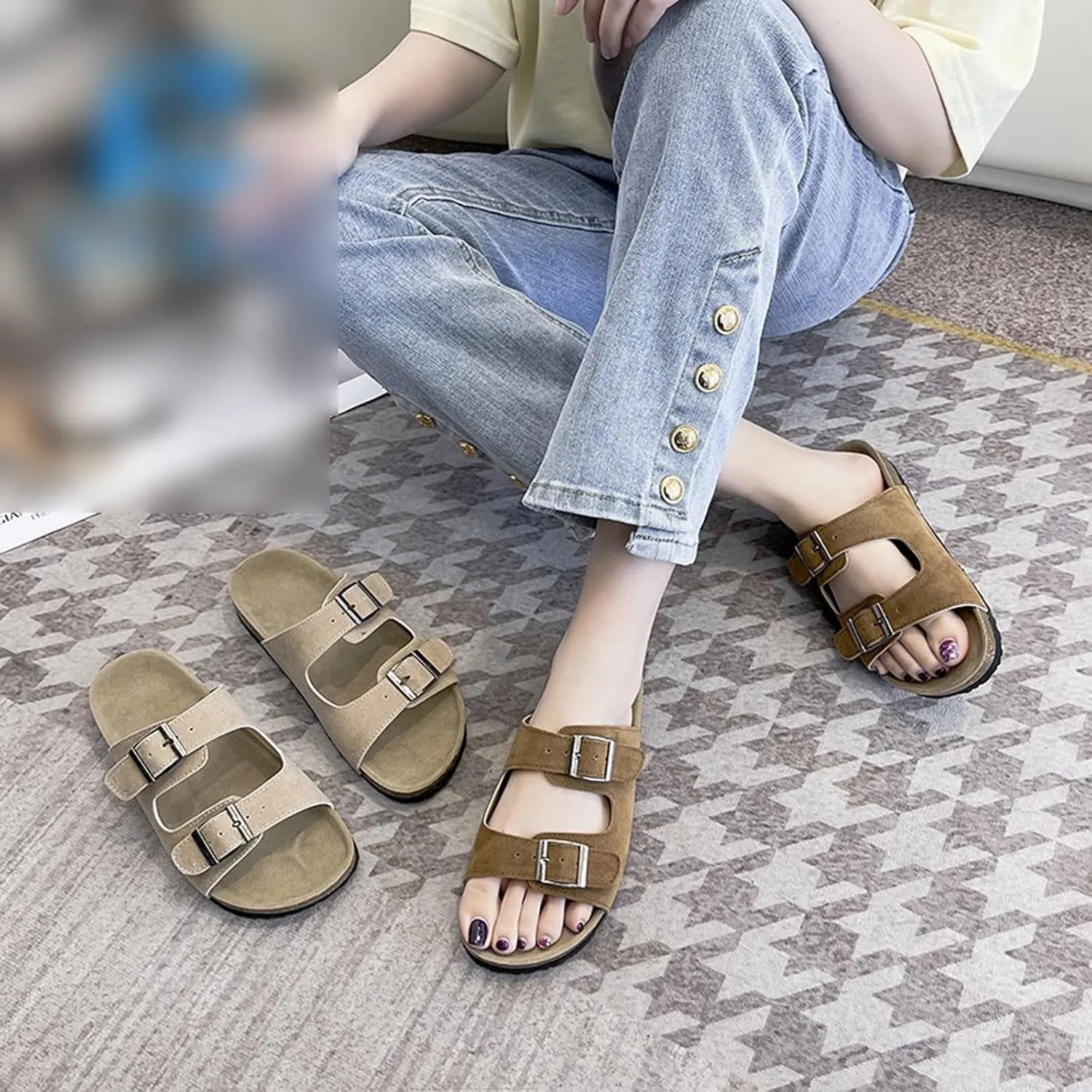 Womens Slippers Summer Fashion Women Cork Slipper Casual Double Buckle Non-slip Outside Nubuck Leather Slip on Slides