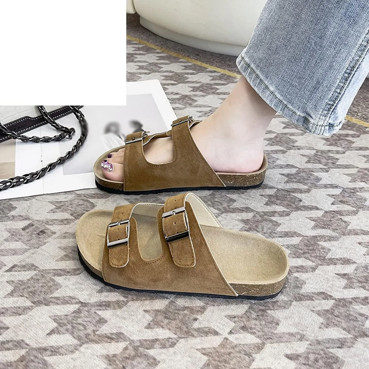 Womens Slippers Summer Fashion Women Cork Slipper Casual Double Buckle Non-slip Outside Nubuck Leather Slip on Slides