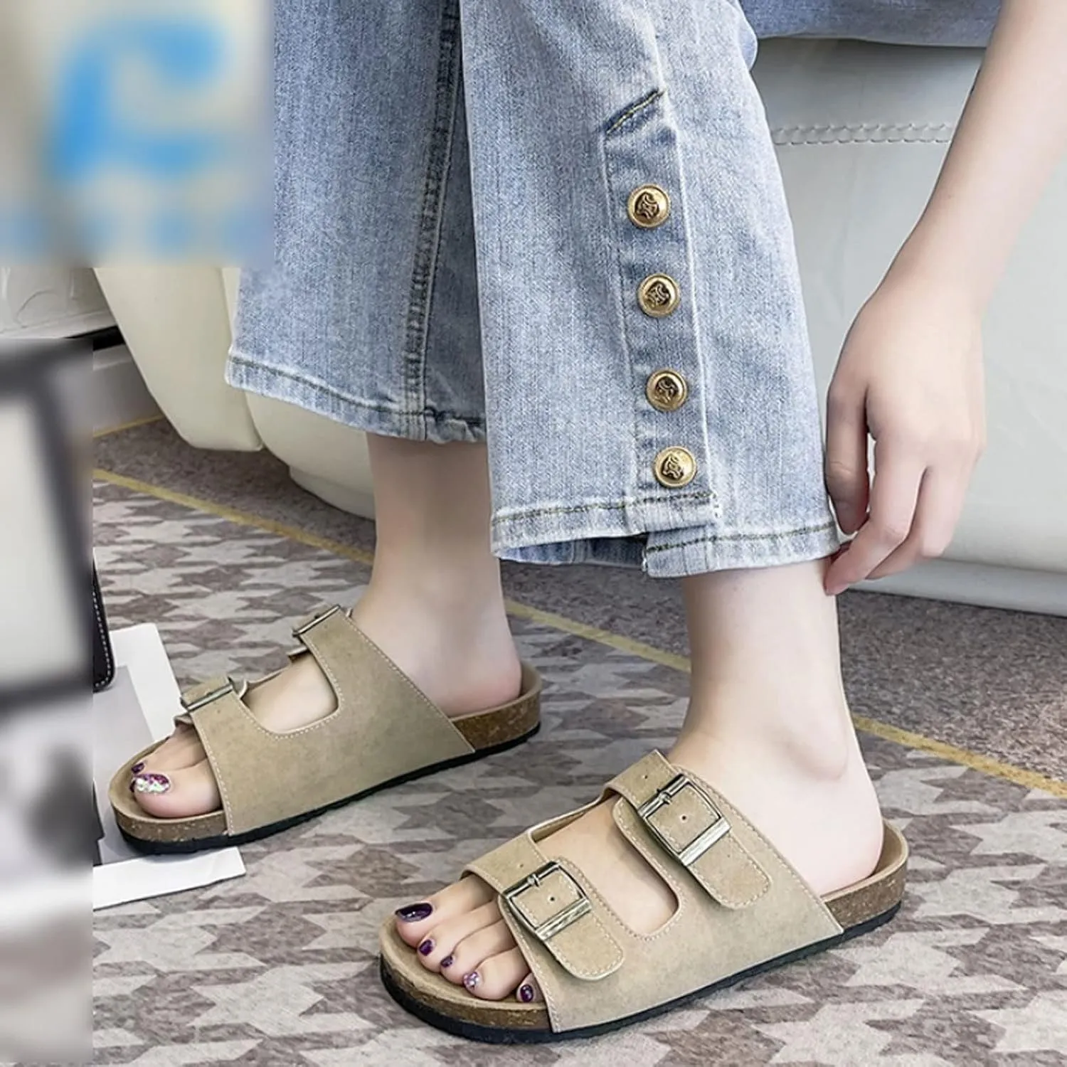 Womens Slippers Summer Fashion Women Cork Slipper Casual Double Buckle Non-slip Outside Nubuck Leather Slip on Slides