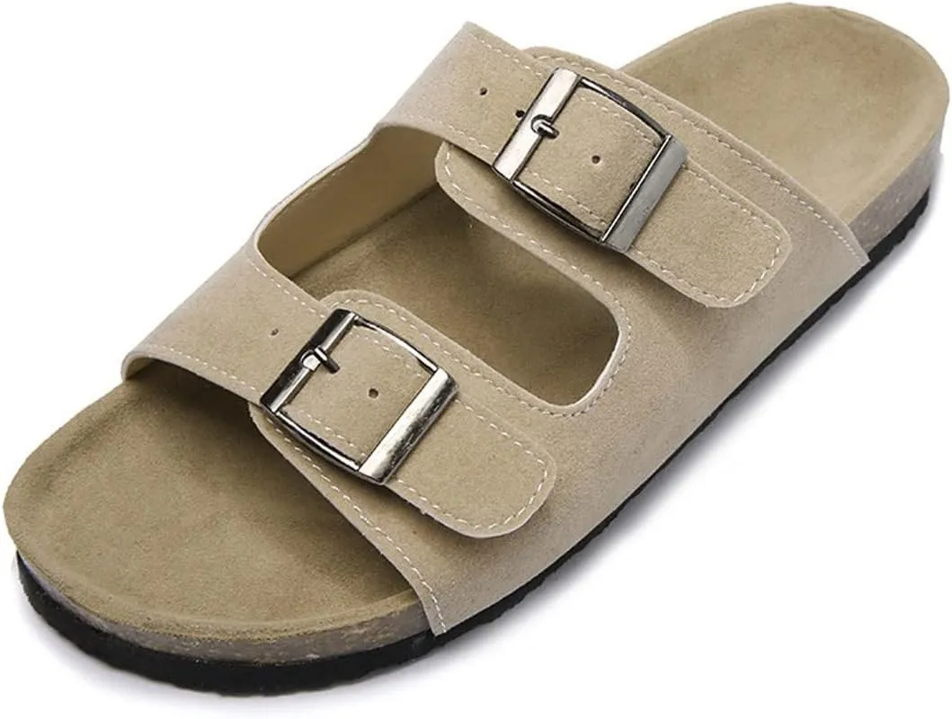 Womens Slippers Summer Fashion Women Cork Slipper Casual Double Buckle Non-slip Outside Nubuck Leather Slip on Slides