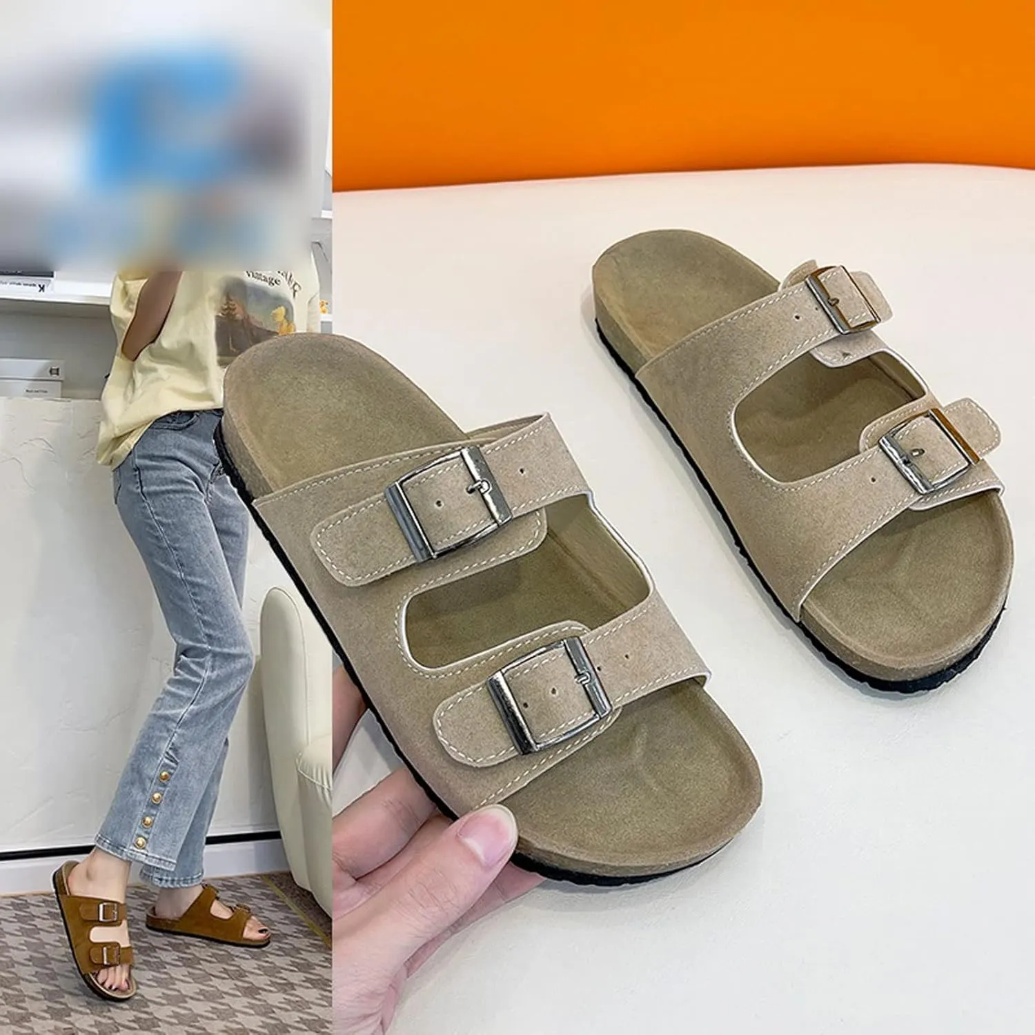 Womens Slippers Summer Fashion Women Cork Slipper Casual Double Buckle Non-slip Outside Nubuck Leather Slip on Slides