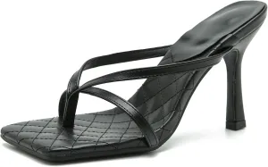 Women's Strappy Thong Heeled Sandals Slip On Stiletto Heels Flip Flops Square Open Toe T Strap High Heel Sandals Slide Summer Dressy Sandals