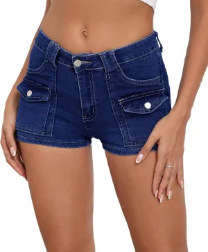 Women's Stretchy Jean Shorts Mid Waisted Twill Shorts Stretch Junior Booty Denim Shorts with Pockets Club Night
