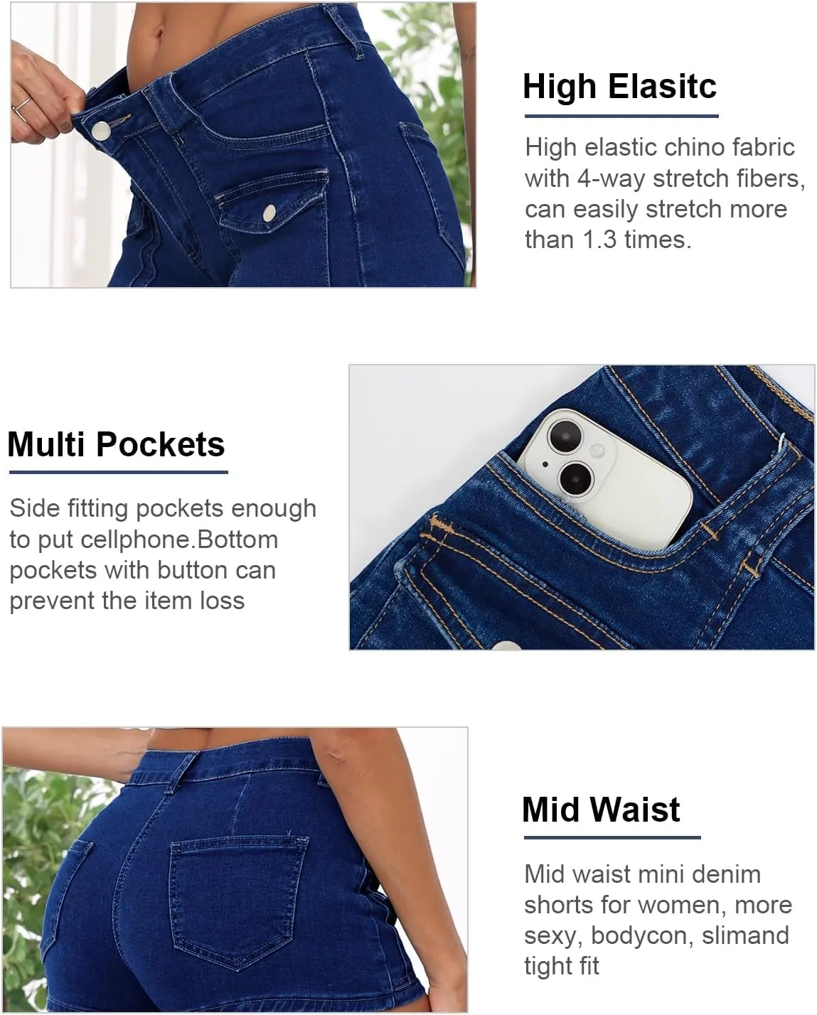 Women's Stretchy Jean Shorts Mid Waisted Twill Shorts Stretch Junior Booty Denim Shorts with Pockets Club Night