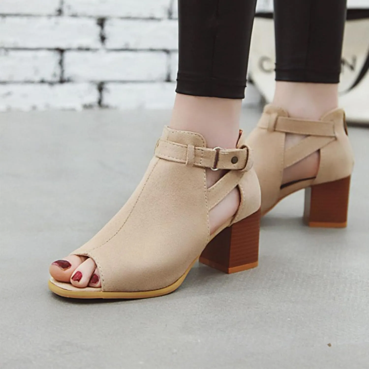 Women's Suede Chunky Heel Fish Mouth Dress Sandals Comfortable Peep Toe Adjustable Ankle Buckle Block Heel Non-Slip Hollow Out Ankle Boot Sandals for Work Wedding Party