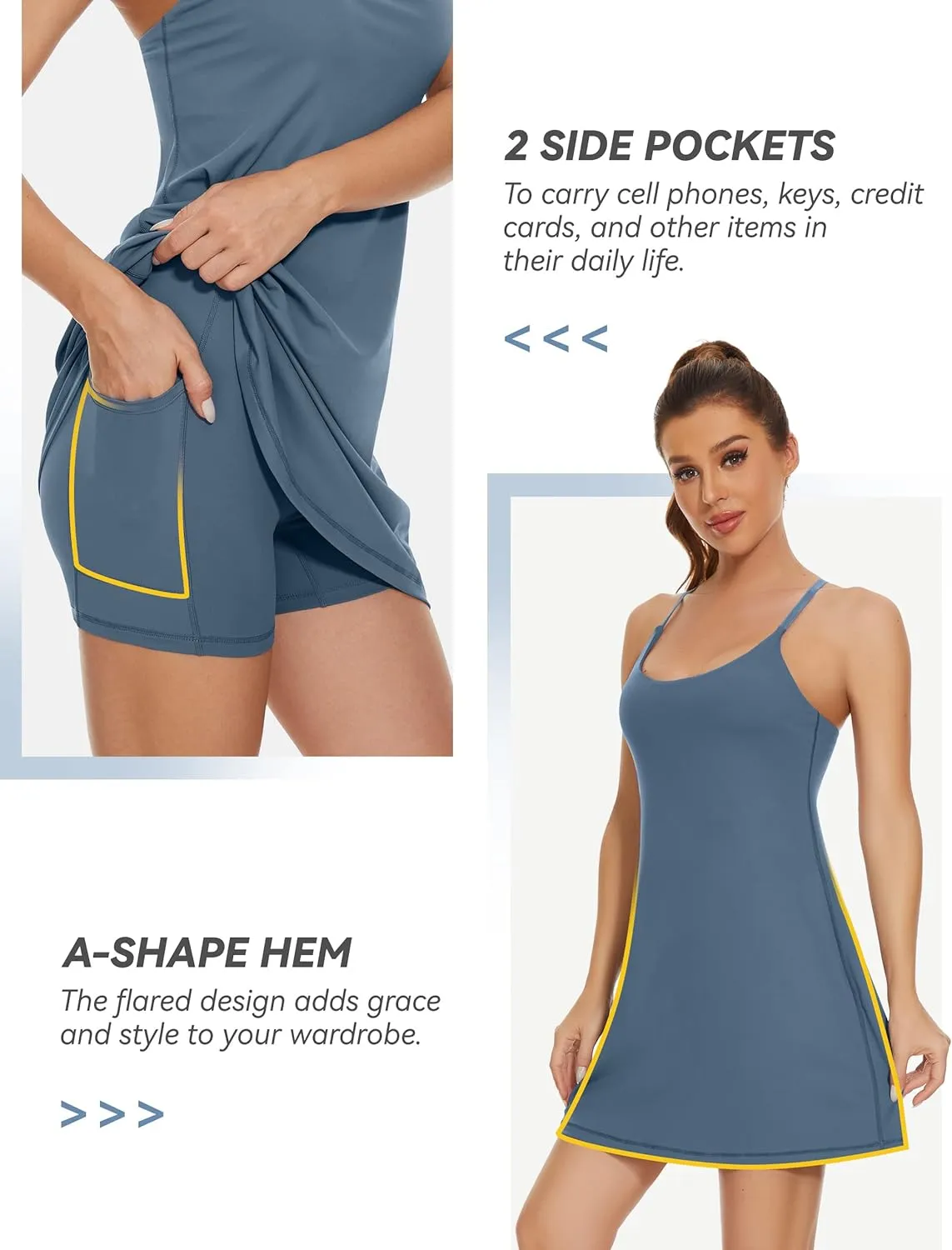 Womens Tennis Dress, 2-in-1 Golf Workout Dress with Built-in Bra & Shorts Pockets, Athletic Dresses with Adjustable Strap