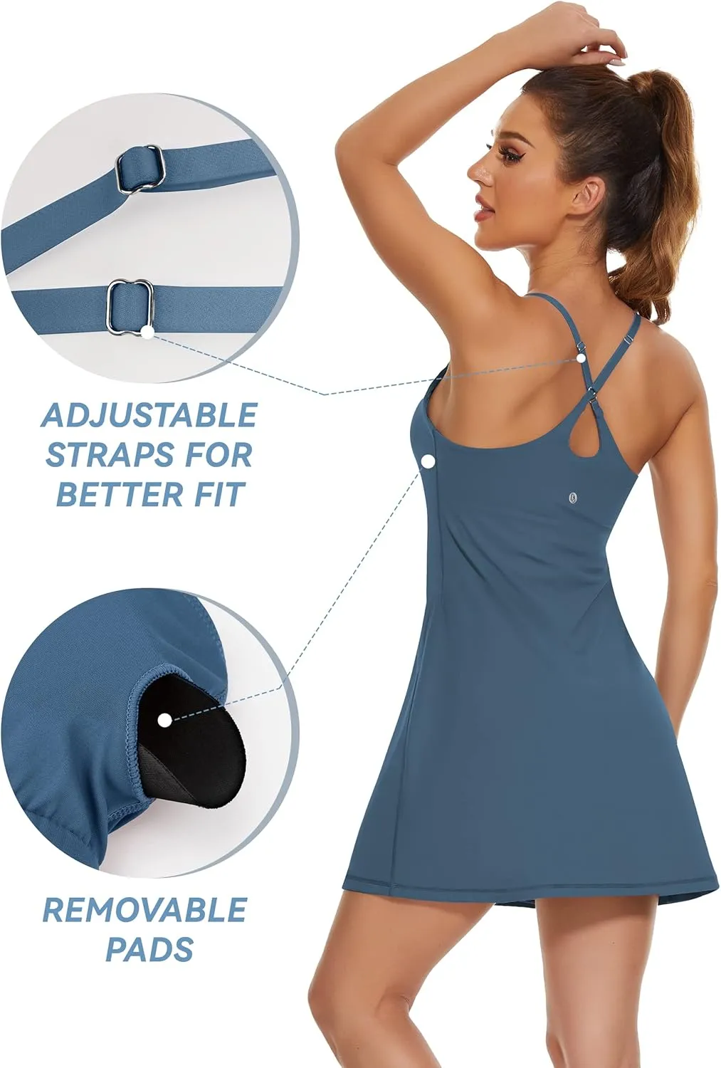 Womens Tennis Dress, 2-in-1 Golf Workout Dress with Built-in Bra & Shorts Pockets, Athletic Dresses with Adjustable Strap