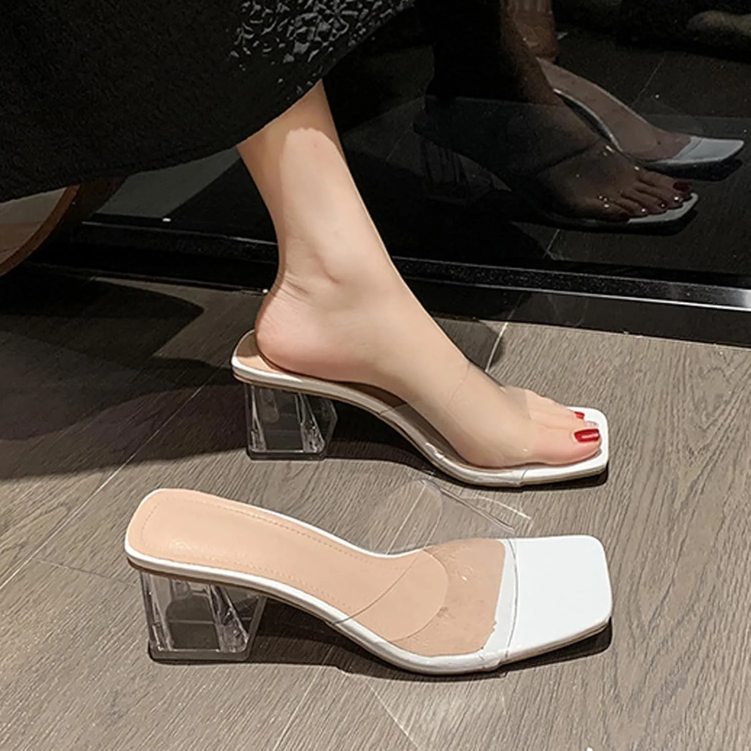Women's Transparent Square Head Open Toe Chunky Heel High Heels Sandals Fashion Backless Non-Slip Transparent Low Block Heel Mules Heeled Slipper Sexy Dress Slip-On Formal Shoes