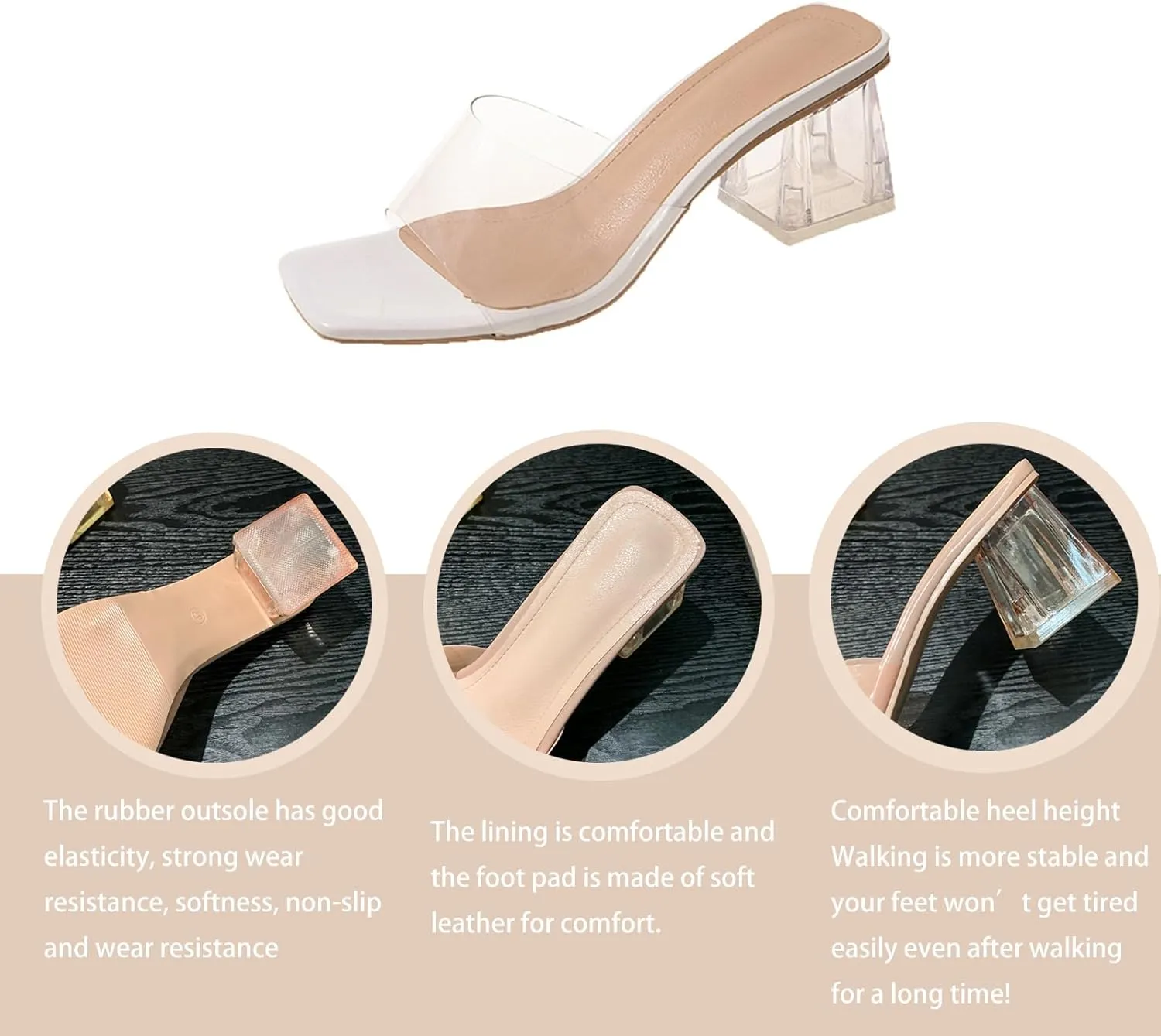 Women's Transparent Square Head Open Toe Chunky Heel High Heels Sandals Fashion Backless Non-Slip Transparent Low Block Heel Mules Heeled Slipper Sexy Dress Slip-On Formal Shoes
