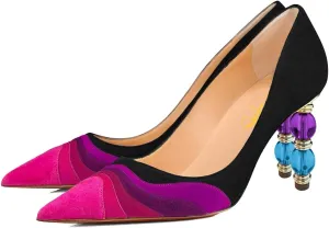 XYD Women Wave Pattern Pointed Toe Slip On Party Pumps Jewelry High Heel Colorful Rainbow Slip On Chic Dress Shoes