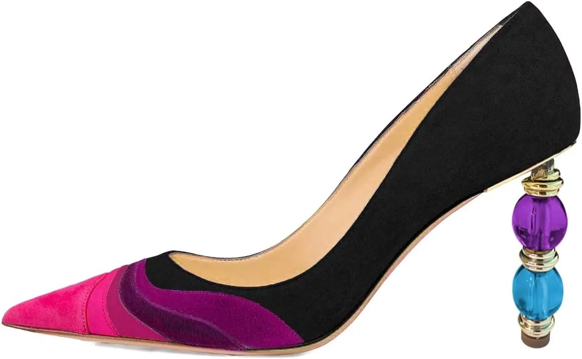 XYD Women Wave Pattern Pointed Toe Slip On Party Pumps Jewelry High Heel Colorful Rainbow Slip On Chic Dress Shoes