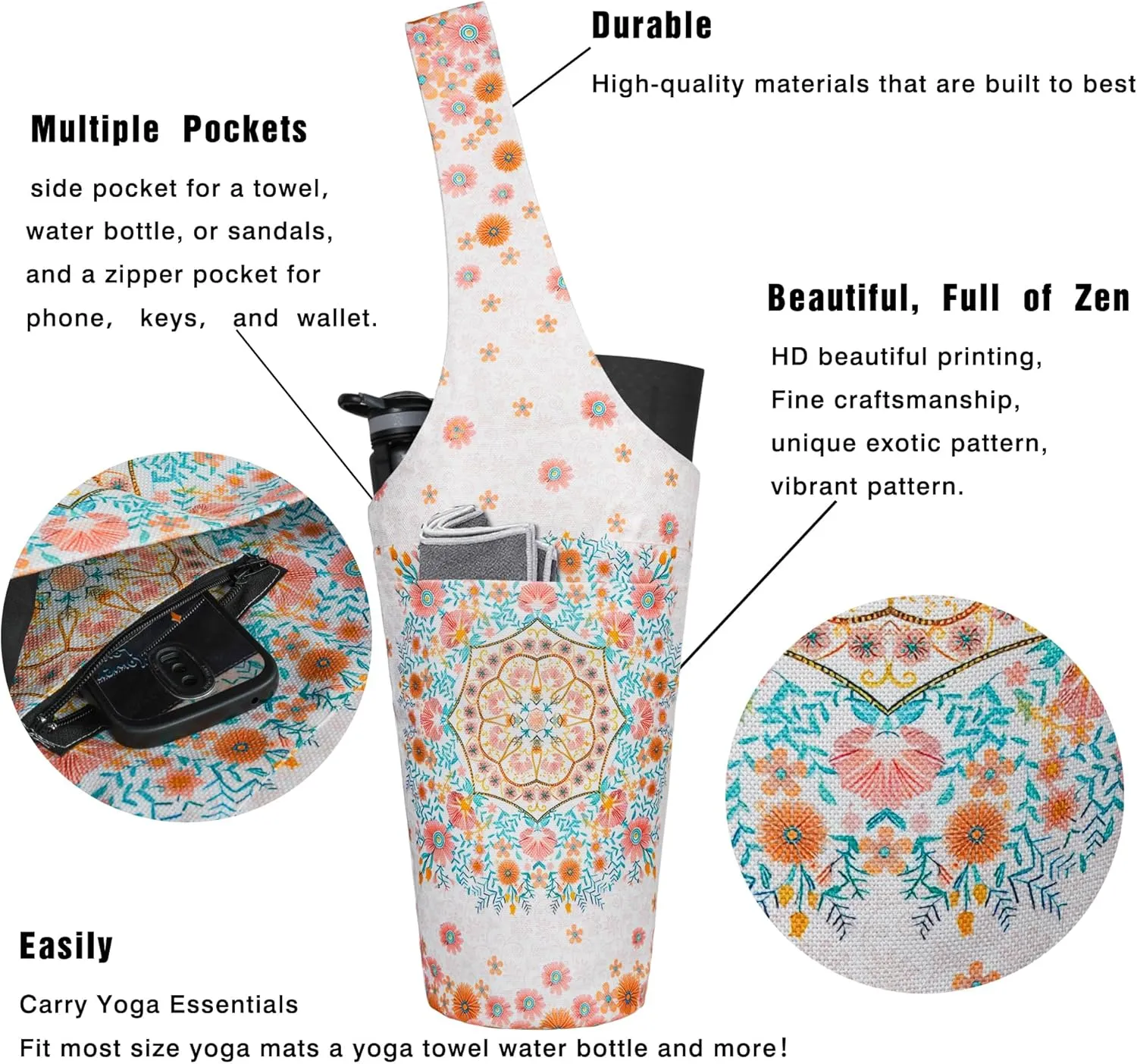 Yoga Mat Bag - Long Tote with Pockets - Holds More Accessories - Fits Most Mats