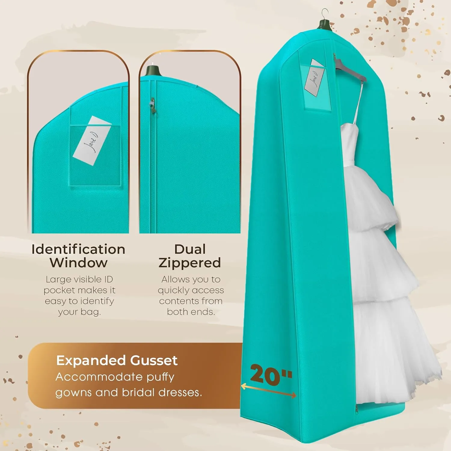 Your Bags Wedding Dress Garment Bag - Garment Bags for Travel & Hanging Clothes or Storage Preservation - 72" Wedding Dress Bag for Gowns Long with 20" Gusset for Puffy Bridal Gowns Cover - Tiffany
