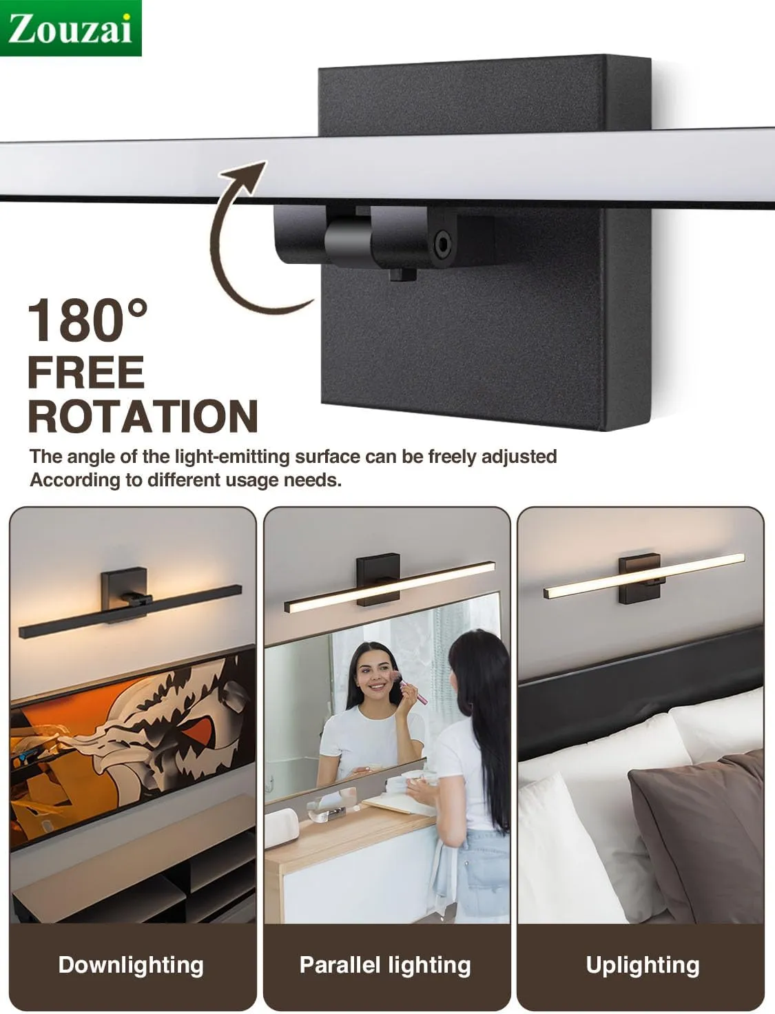 zouzai Modern LED Bathroom Vanity Light Bar Black IP44 Over Mirror Bath Wall Fixture 5CCT Adjustable, Dual-Sided, 180° Adjustable Angle (24 inch)